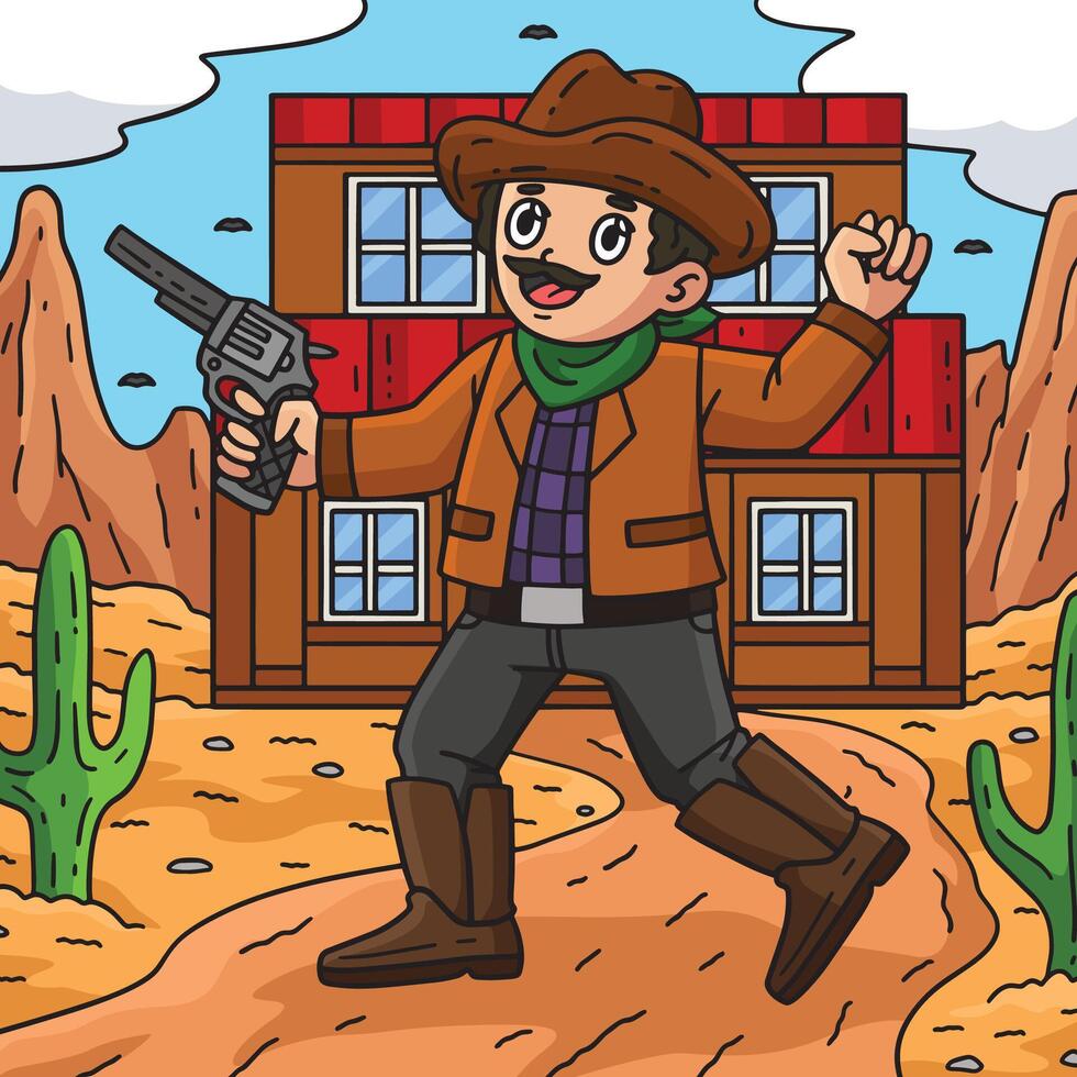 Cowboy with Gun Colored Cartoon Illustration vector