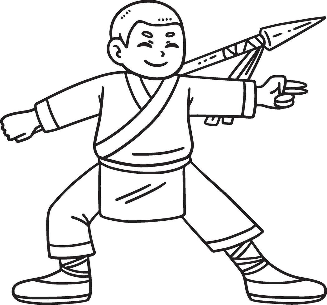 Buddhism Shaolin Monk with Spear Isolated Coloring vector