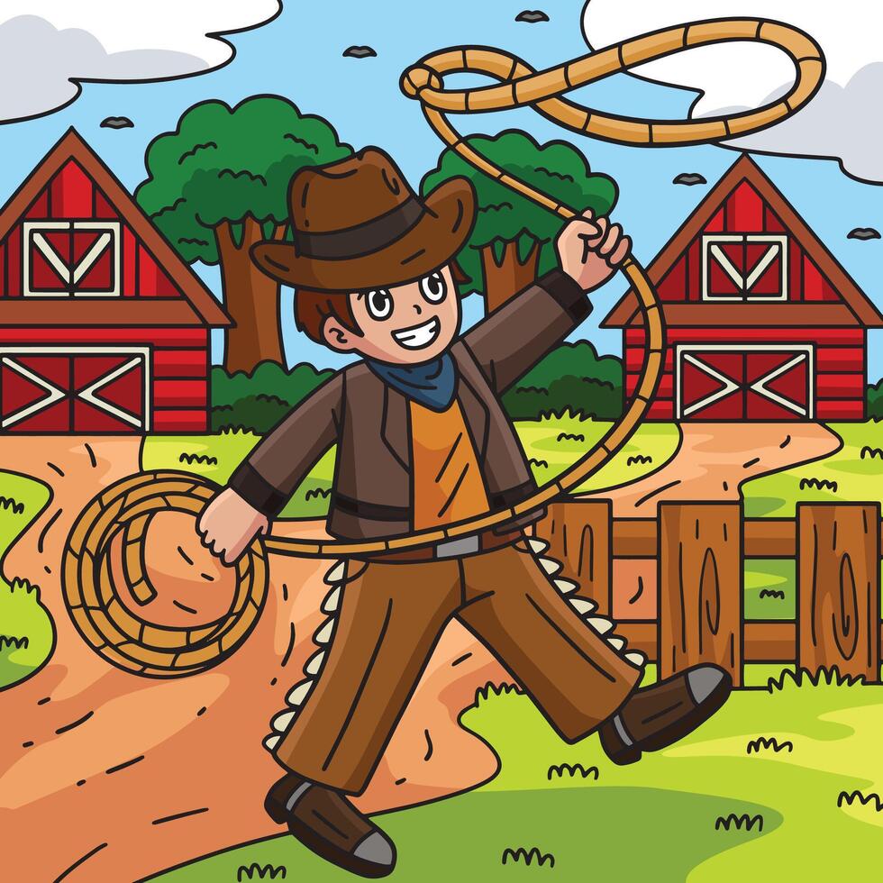 Cowboy with Lasso Colored Cartoon Illustration vector