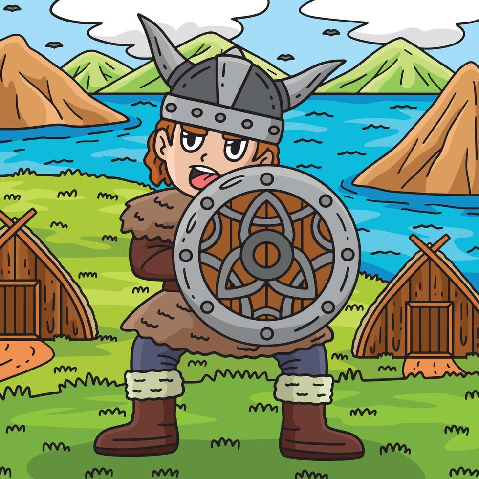 Viking with a Shield Colored Cartoon Illustration vector