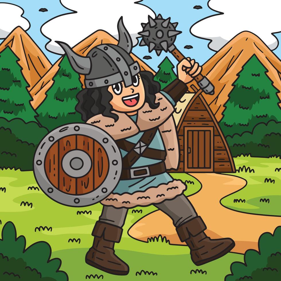 Viking with Mace and Shield Colored Cartoon vector