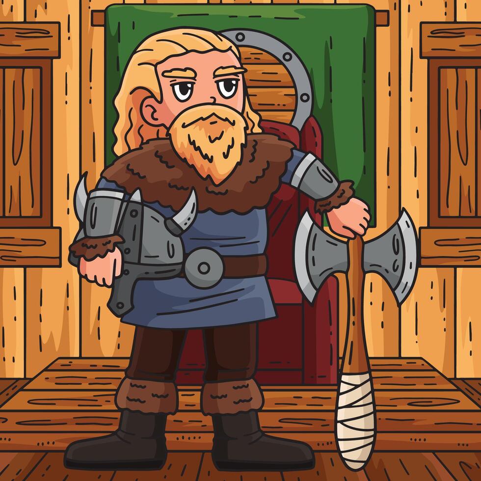 Viking Holding an Axe and Helmet Colored Cartoon vector