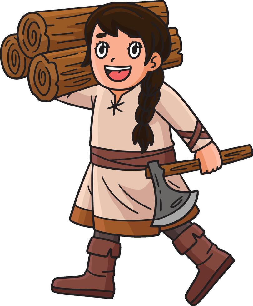 Viking with an Axe and Wood Cartoon Clipart vector