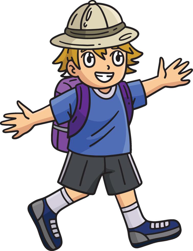 Camping Happy Camper Boy Walking Cartoon Clipart vector