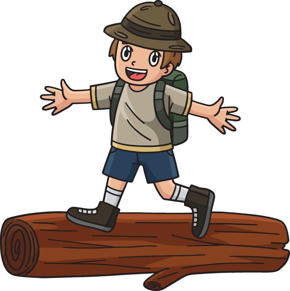 Camping Camper Crossing Log Bridge Cartoon Clipart vector