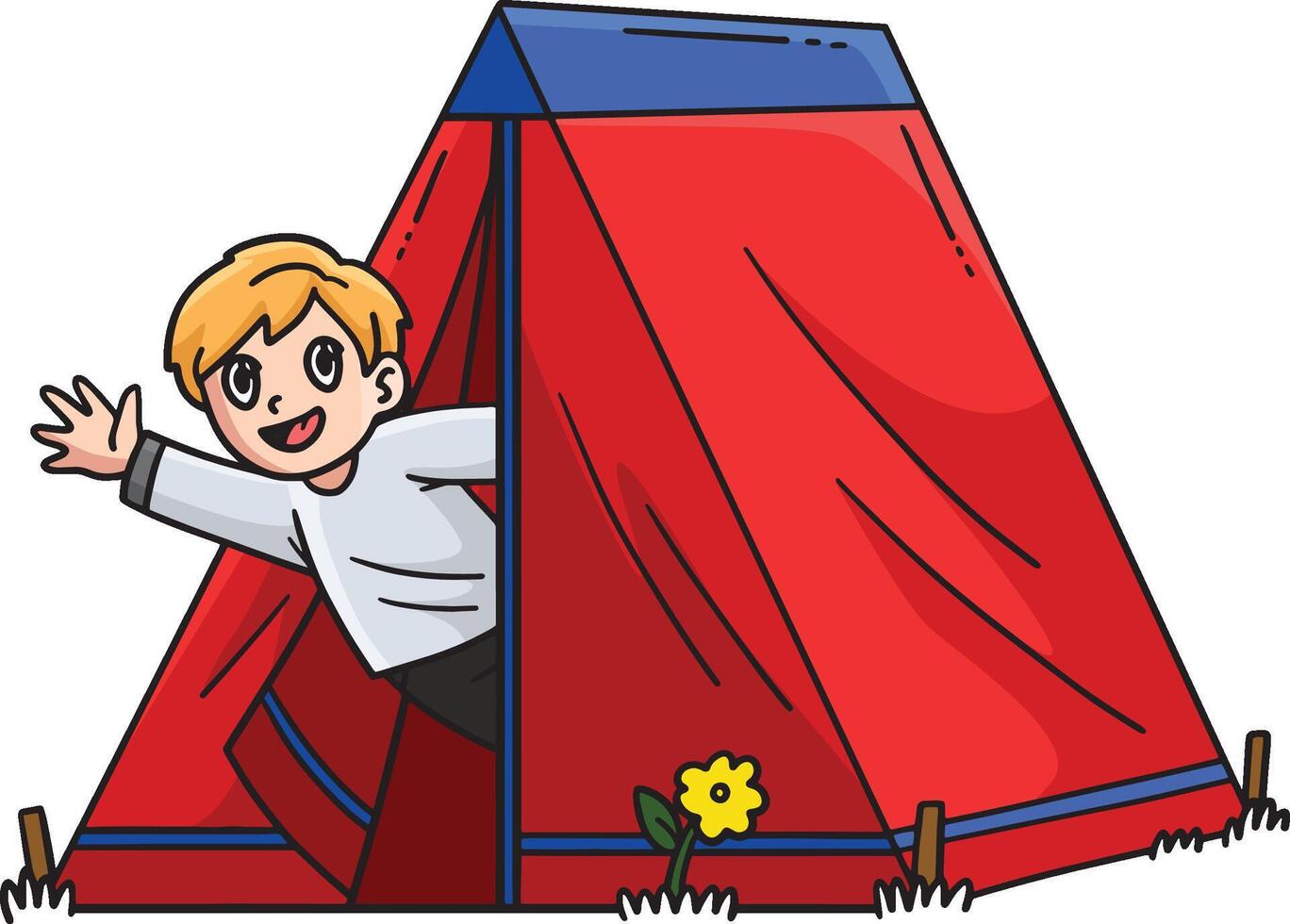 Camping Camper Waving from Inside a Tent Clipart vector