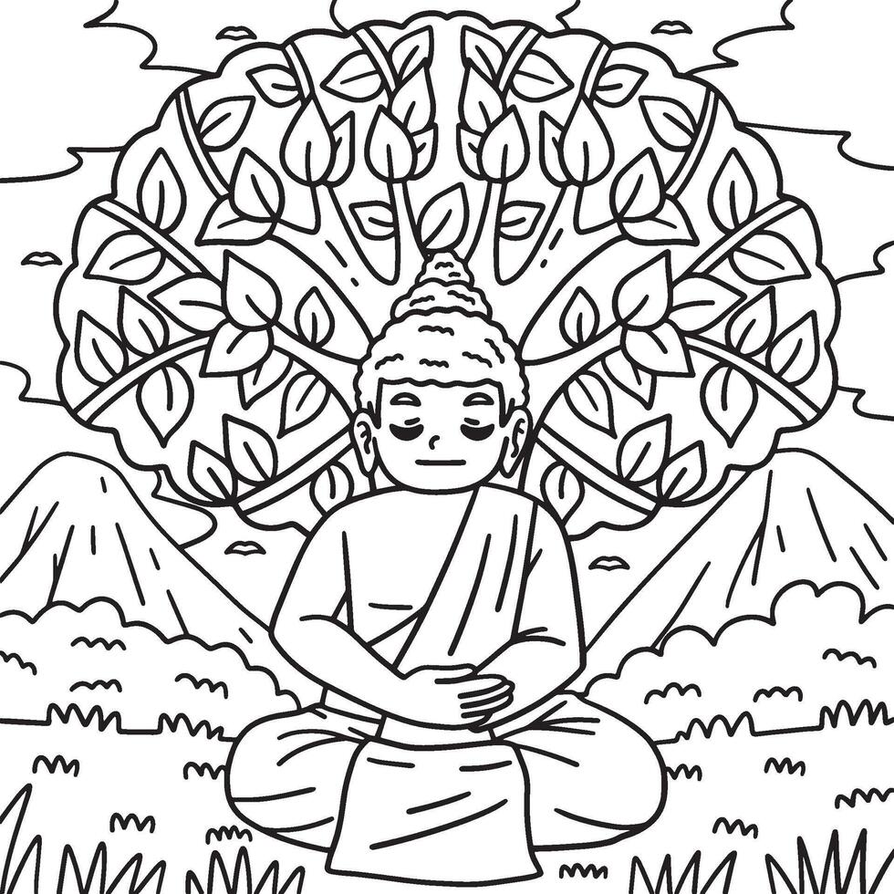 Buddhism Buddha Under Bodhi Tree Coloring Page vector