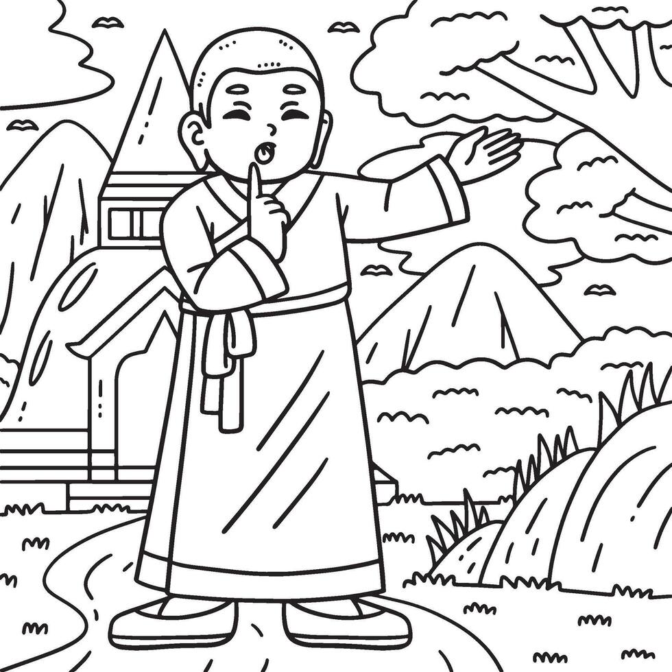 Buddhism Monk doing the Quiet Sign Coloring Page vector