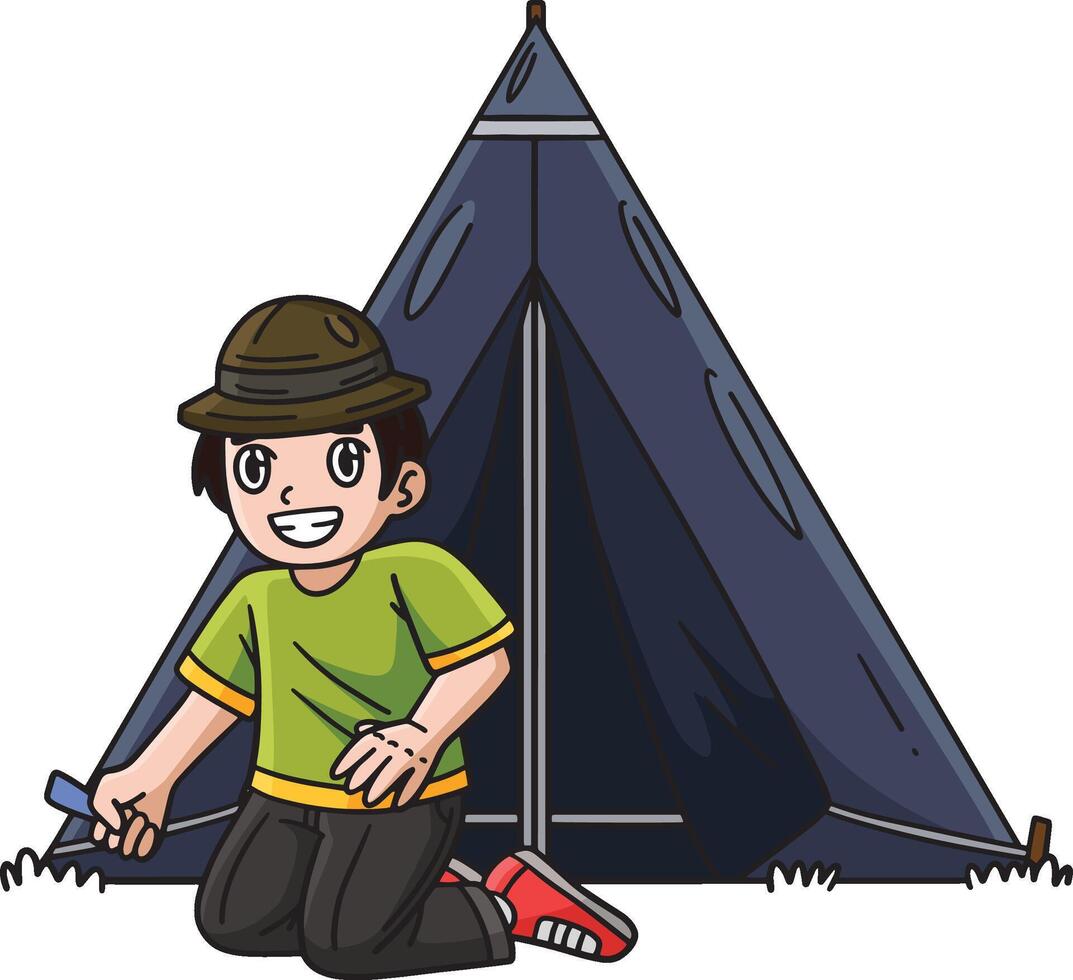 Camping Camper Setting Up Tent Cartoon Clipart vector