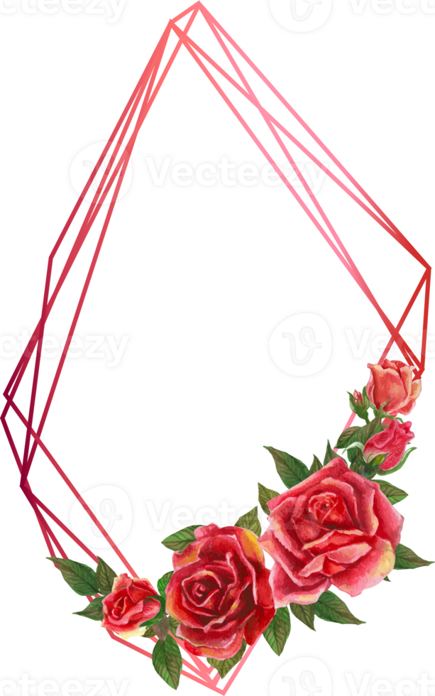 Red rose geometric frame illustration on transparent background. png