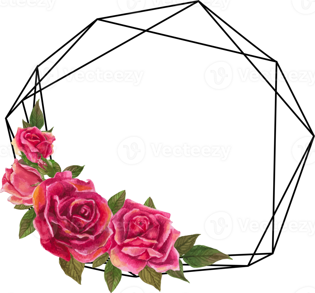 Red rose geometric frame illustration on transparent background. png