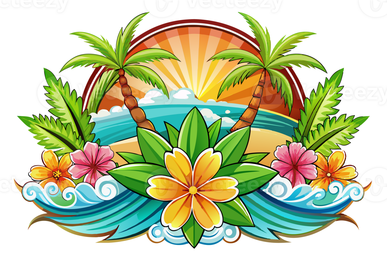 tropical summer beach logo with palm trees and flowers on transparent background png