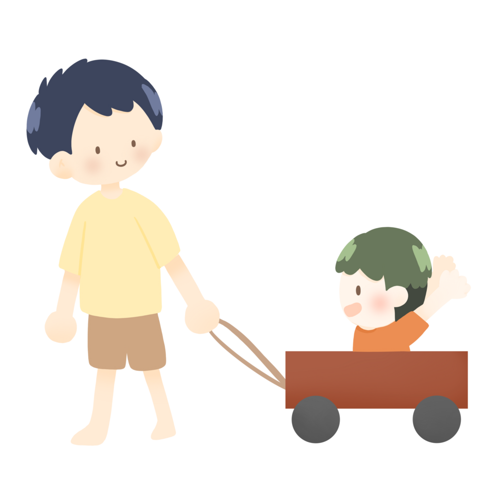 cartoon boy pulling his young brother in a wagon png