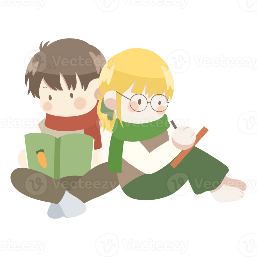 cartoon boy and girl reading book png