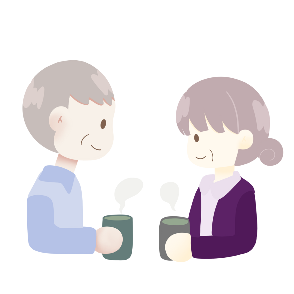 an elderly couple drinking tea on a transparent background png