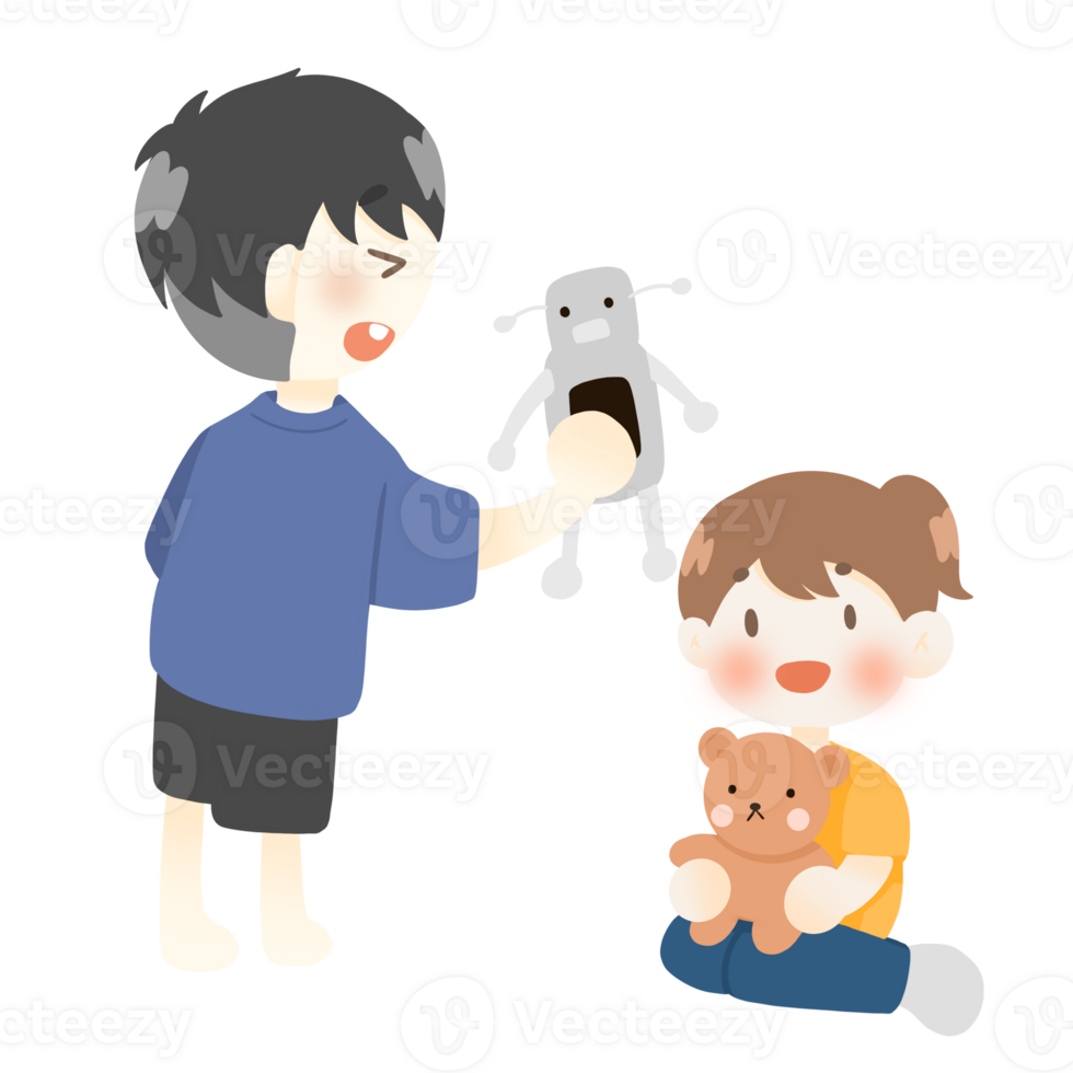 a boy and girl are playing with a teddy bear and robot png