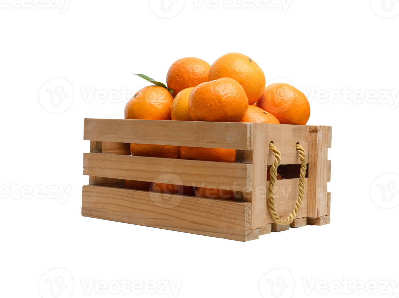 Wooden box with rope handles full of fresh oranges isolated on transparent background file png