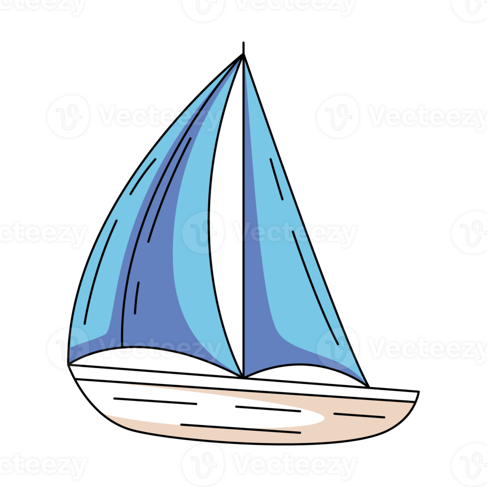 Boat with sails, colorful icon. Sea, marine, nautical, vacation and travel concept, flat outline icon, color illustration. For logo, sticker, coloring book, label png