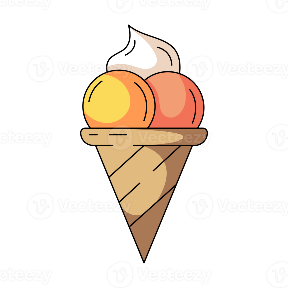 Ice cream balls in a waffle cone, colorful icon. Summer sweet refreshing milk dessert, flat outline icon, color illustration. For logo, sticker, coloring book, label png