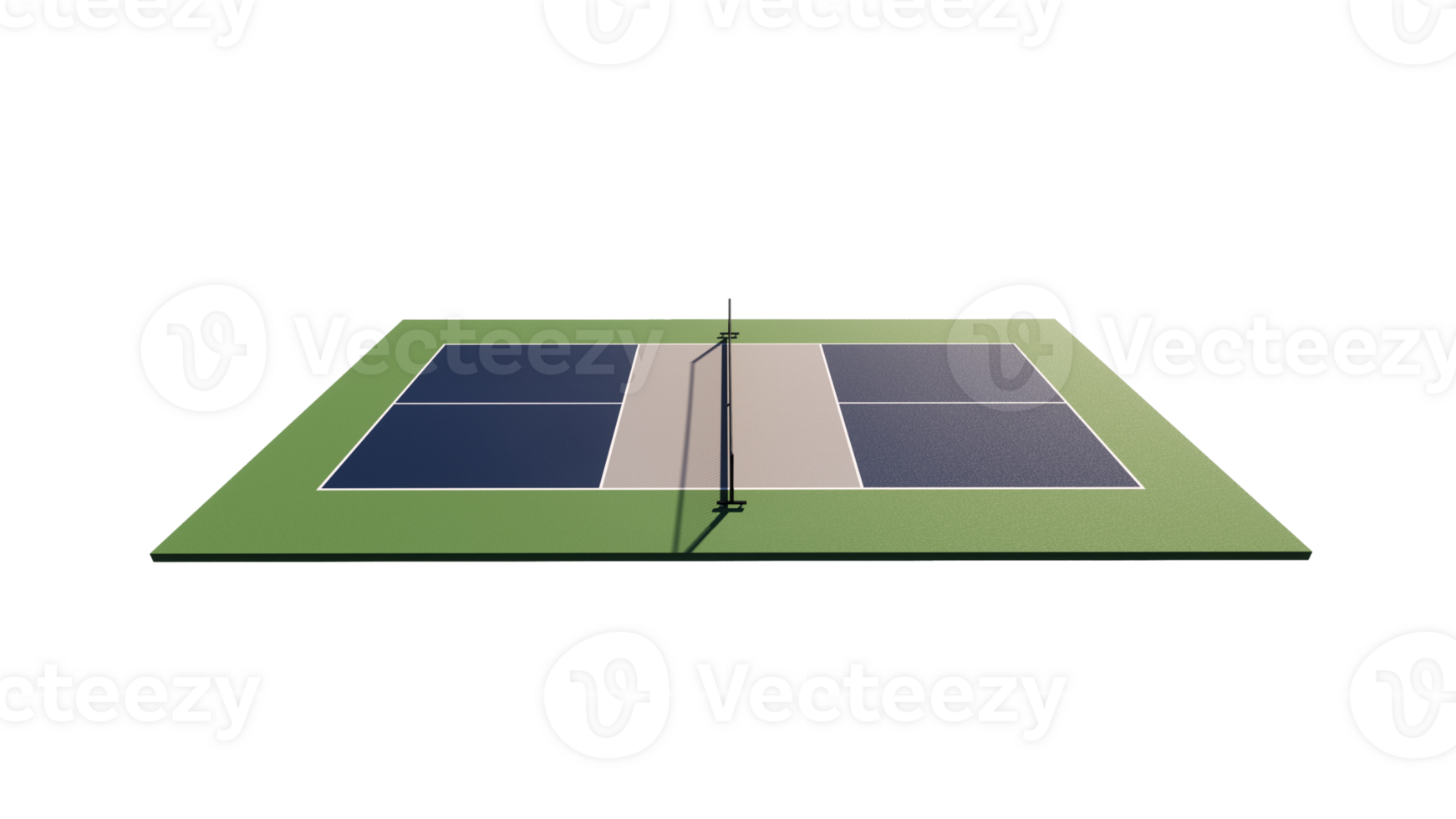 Side view of empty pickleball tennis court with blue, gray and green color with net isolated in transparent background png