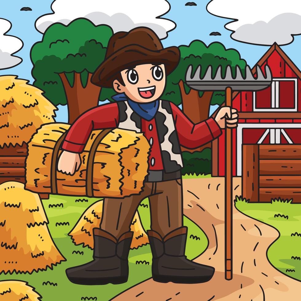 Cowboy with Rake and Hay Colored Cartoon vector