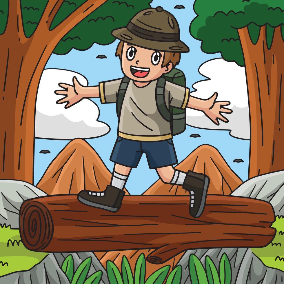 Camping Happy Camper Boy Walking Cartoon Clipart vector