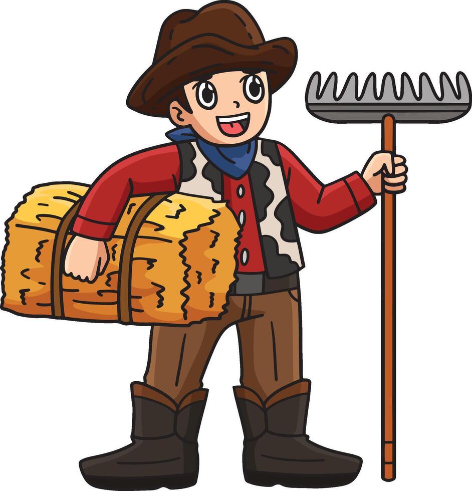 Cowboy with Rake and Hay Cartoon Colored Clipart vector