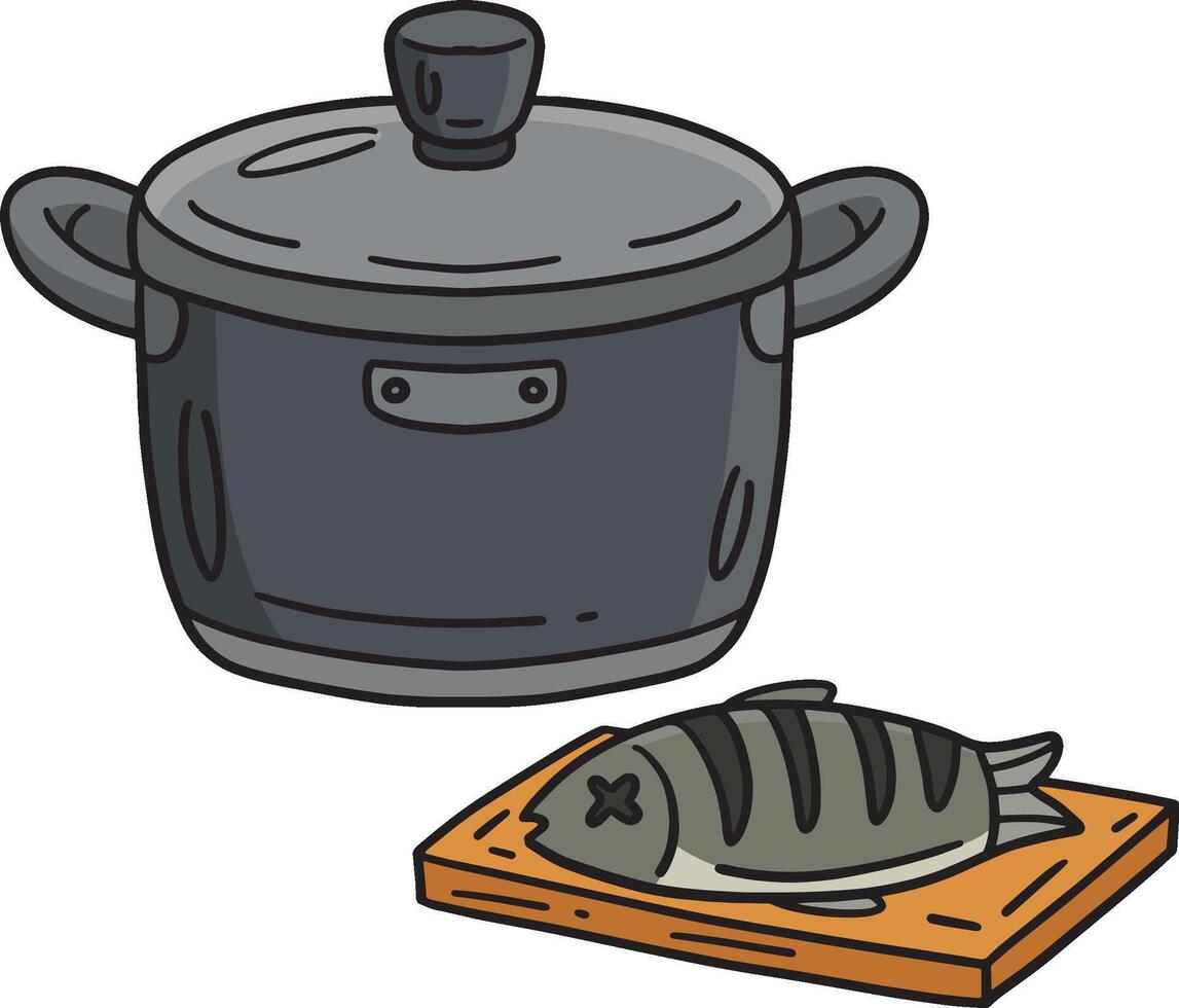 Cooking pot and Fish Cartoon Colored Clipart vector