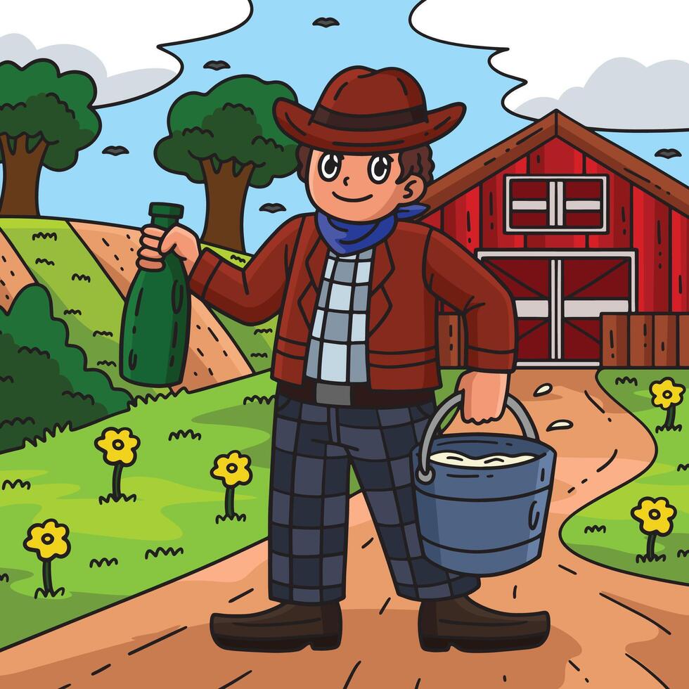 Cowboy Carrying Bucket of Cow Milk Colored Cartoon vector