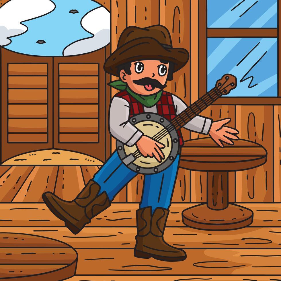 Cowboy Playing Banjo Colored Cartoon Illustration vector