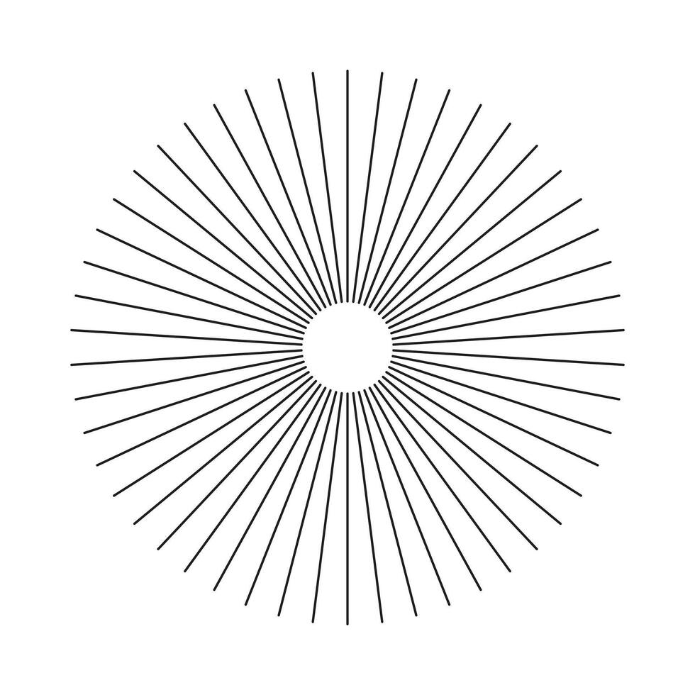 Radial circle lines template. Circular lines graphic element. Symbol of Sun star rays. Flat design element. Spokes with radiating stripes. Abstract illusion geometric shape on a white background. vector