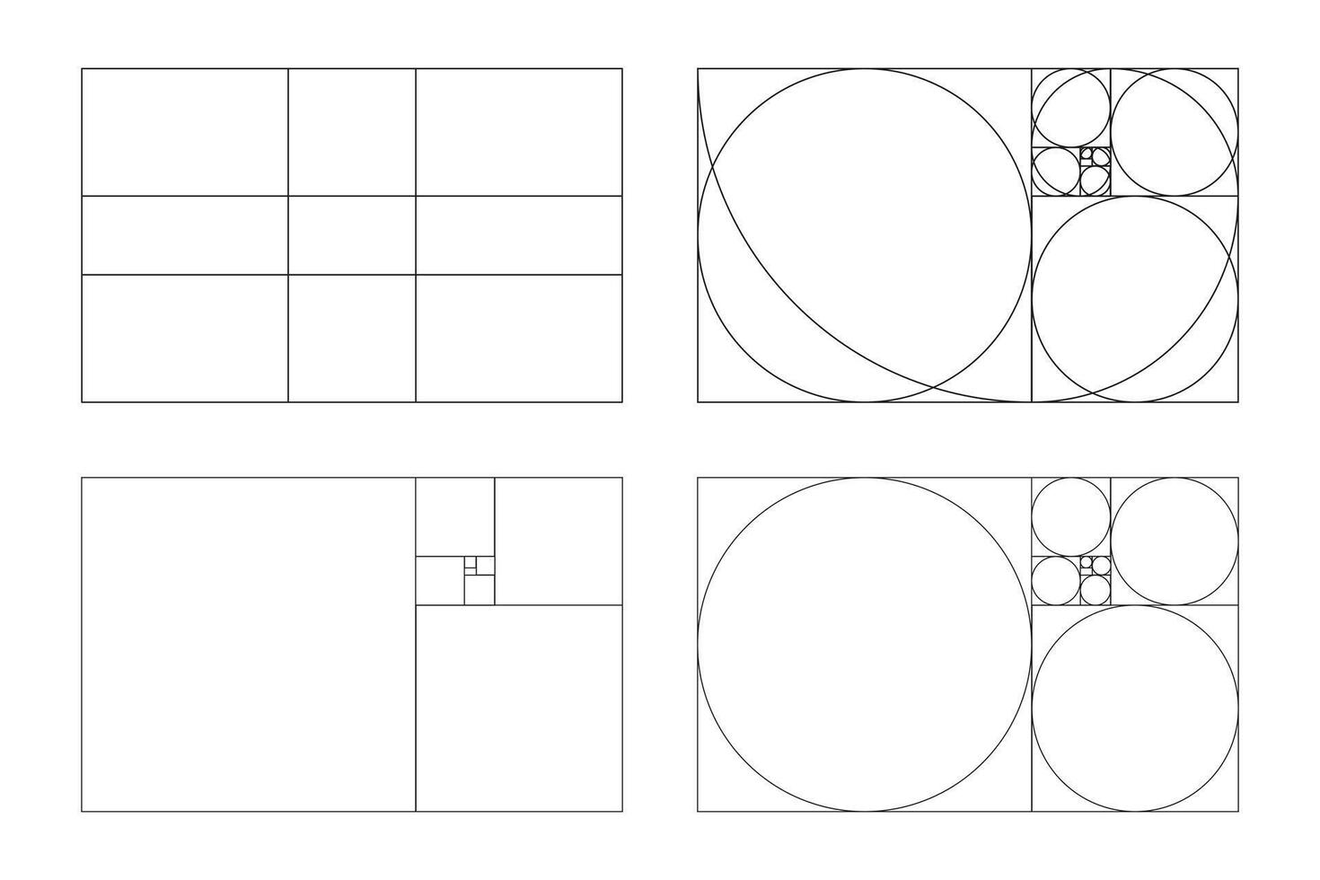 Golden ratio. Fibonacci array, numbers. Golden proportions. Method golden sections. Harmony proportions shapes. Outline graphic illustration. vector