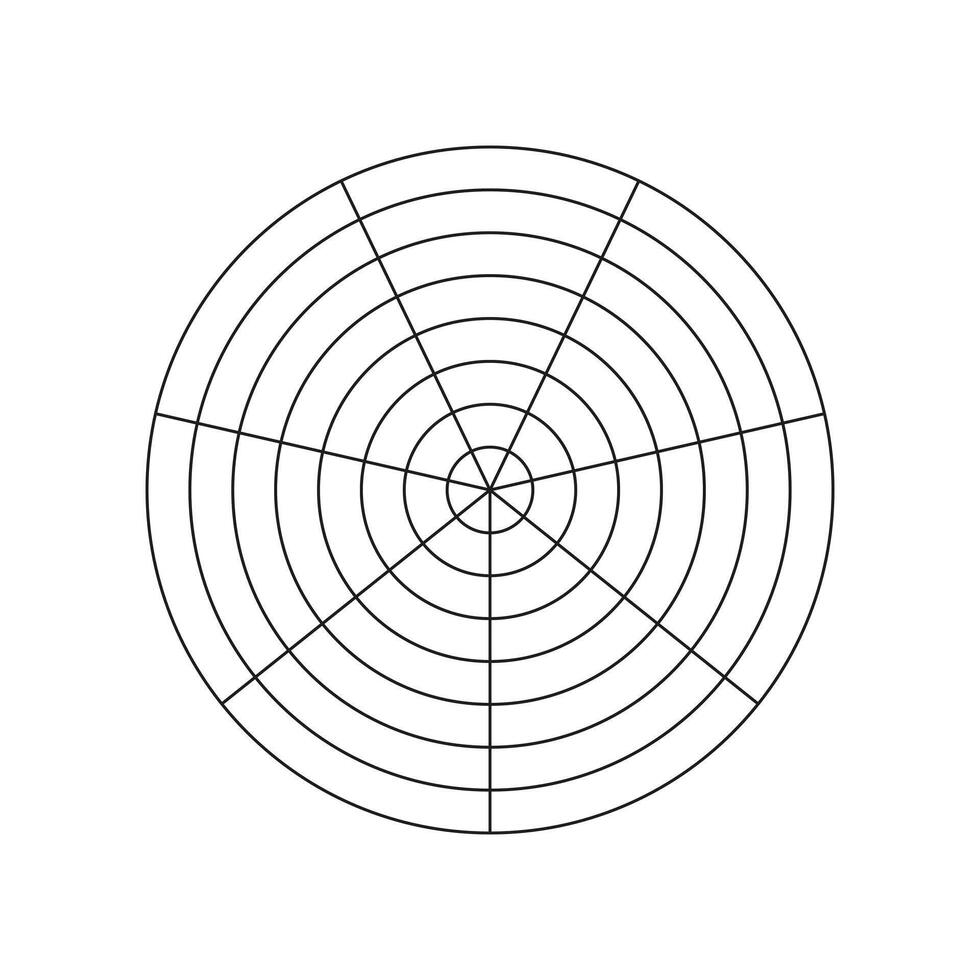Coaching tool. Polar black grid of 7 segments and 7 concentric circles. Circle diagram of lifestyle balance. Wheel of life template isolated on a white background. Graphic blank polar graph paper. vector