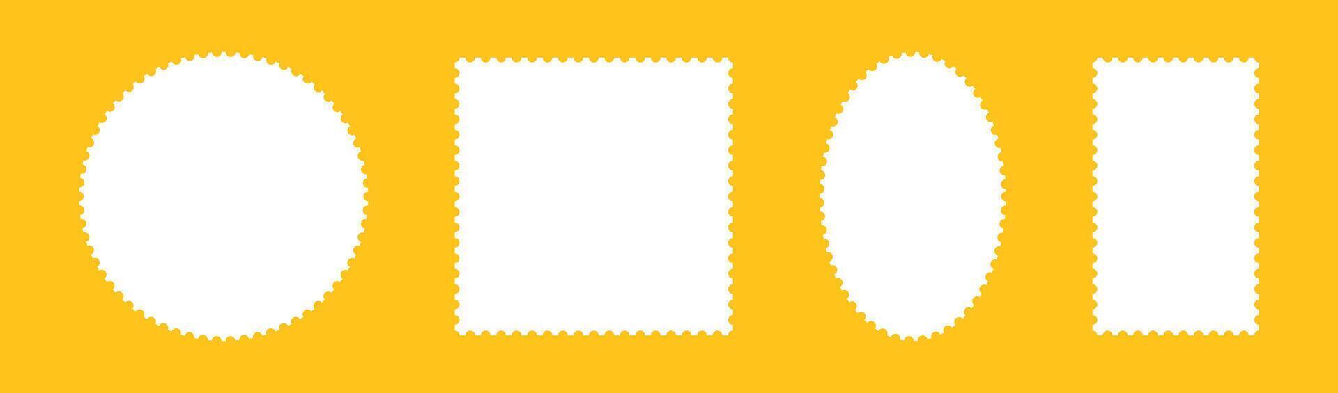 Set of postage stamp template frames. Empty borders, backdrops for postcards, letters. Blank circle, rectangular vintage stamps. Tags, labels, coupons, boxes with curvy, wiggly, wavy perforated edges. vector