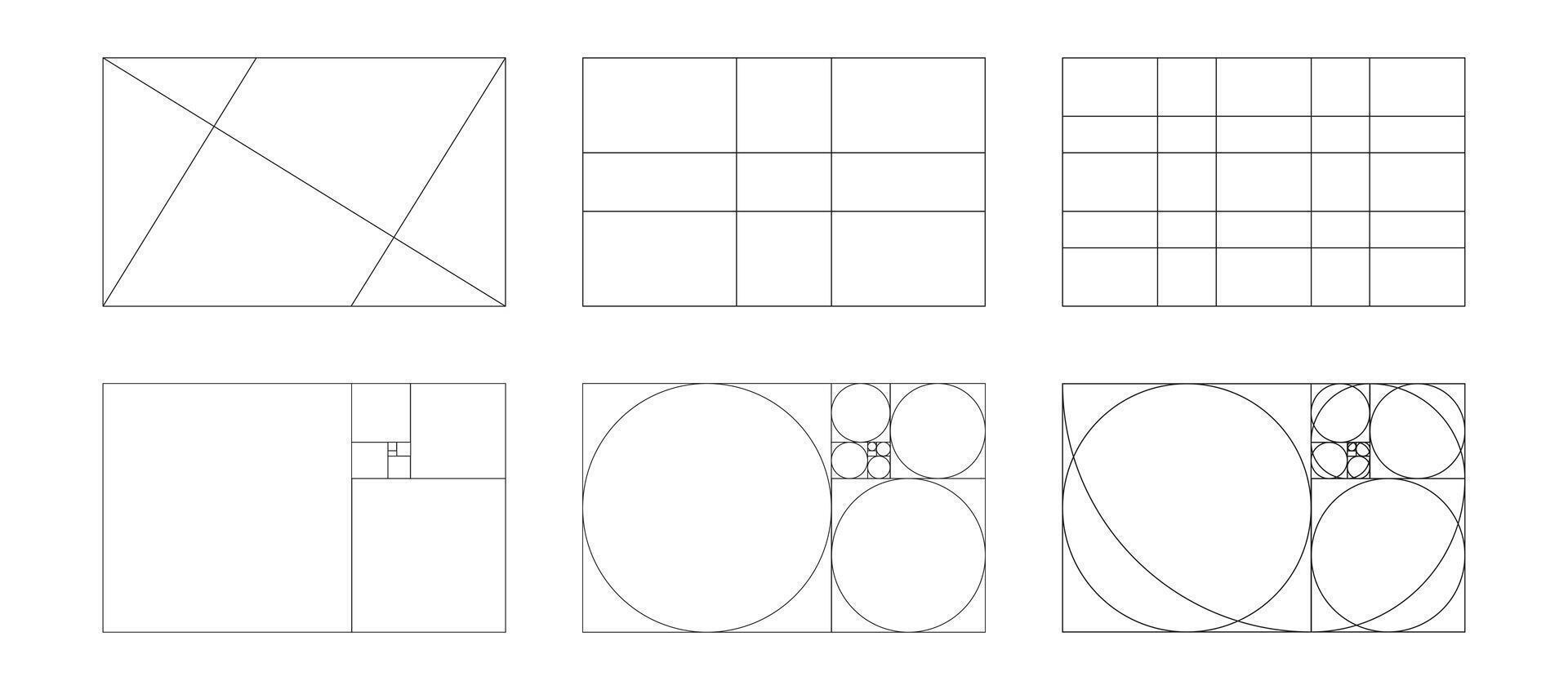 Golden ratio graphic template. Method golden section. Fibonacci array, numbers. Harmony proportions icons. Outline illustration isolated on a white background. vector