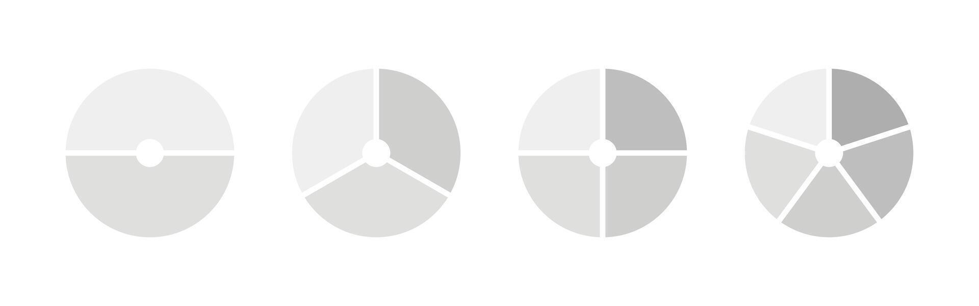 Circle division on 2, 3, 4, 5 equal parts. Wheel round divided diagrams with two, three, four, five segments. Coaching blank. Infographic monochrome set isolated on a white background. vector