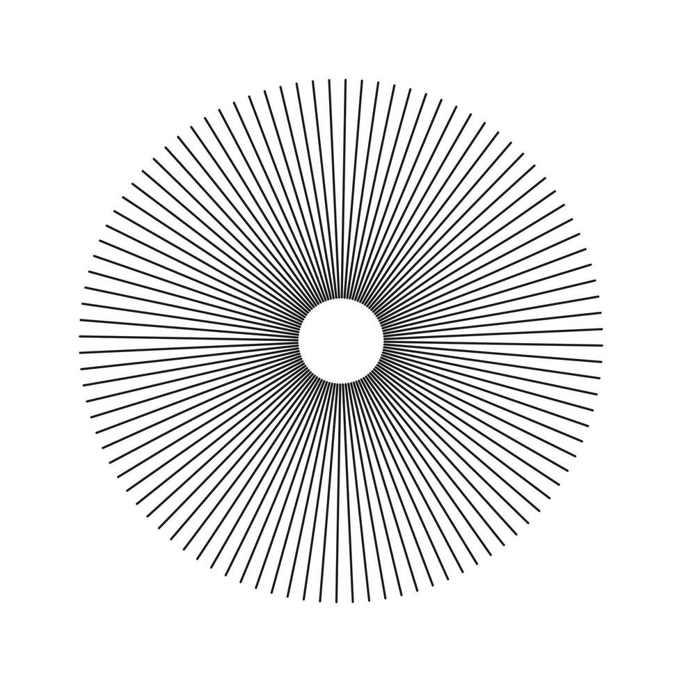 Radial lines pattern. Abstract geometric graphic element. Spokes radiating stripes icon. Circular lines shape. Symbol of Sun star rays. Flat design template isolated on a white background. vector