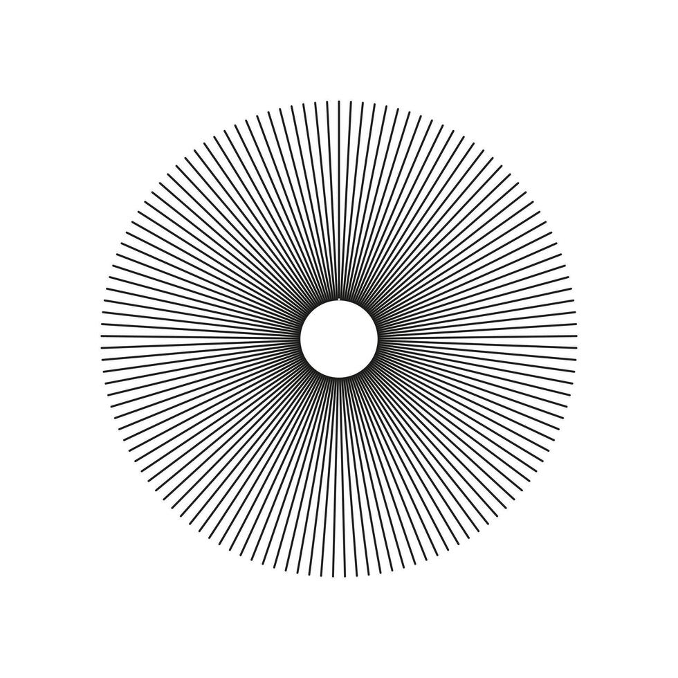 Radial circle radiation lines. Sun star rays, burst. Circulars lines beams. Spokes, radiating stripes grid. Flat graphic template. Abstract illusion geometric pattern isolated on a white background. vector