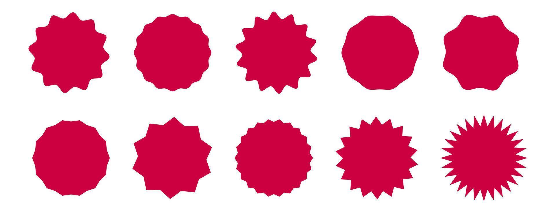 Set of circle red sticker. Wavy edge promo round badges. Star burst shape tags for prices. Blank sale stickers. Simple silhouette icon. Flat graphic vintage labels isolated on a white background . vector
