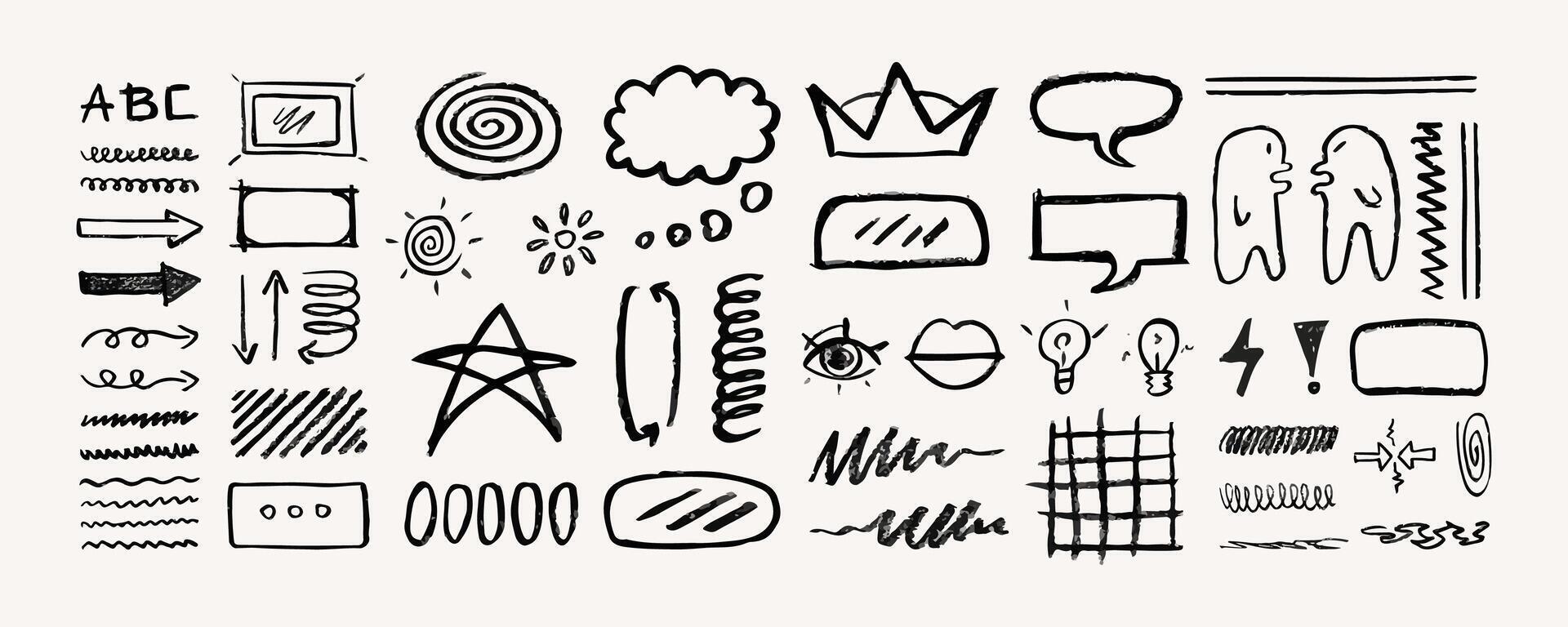Set of freehand charcoal doodles, arrows, different signs and symbols, graphic design decorations. illustration. vector