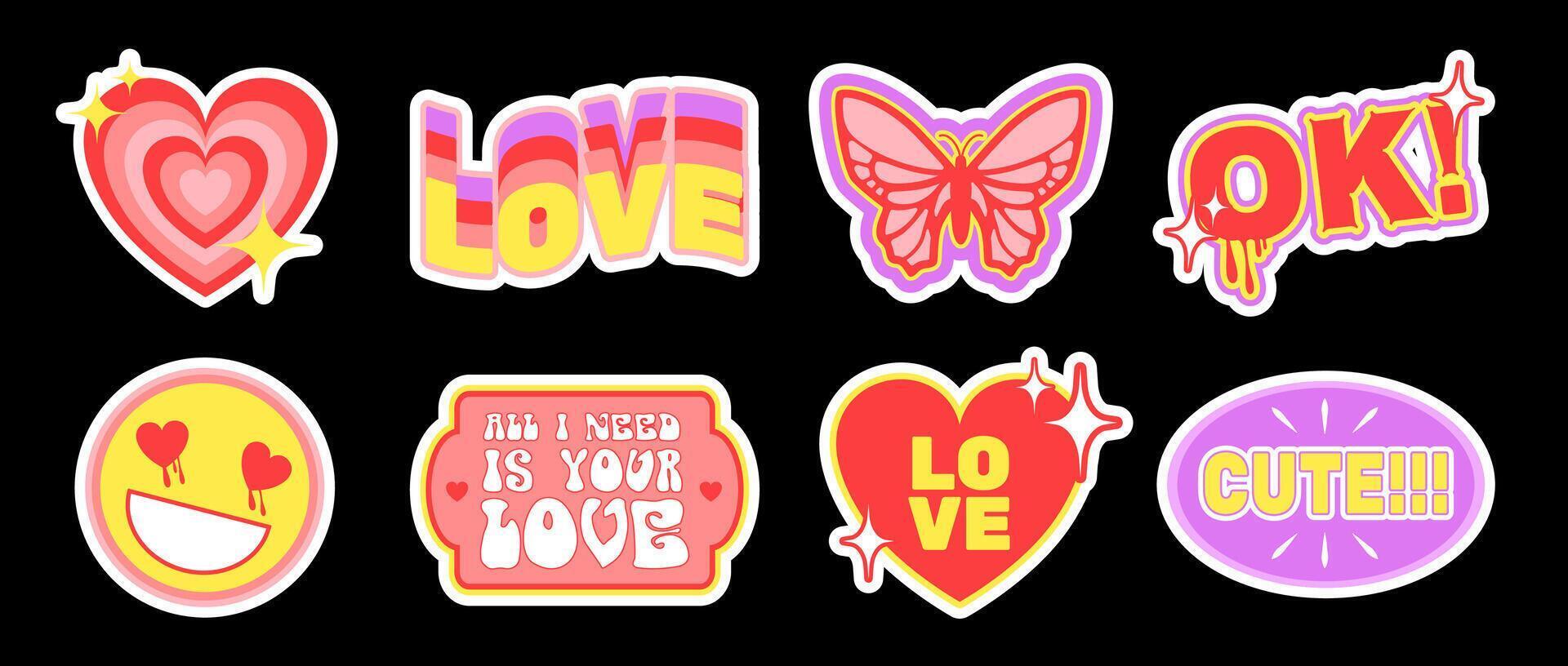 Valentine's Day sticker pack in Y2K retro aesthetic, set of cute drawings, hearts, butterfly, face and abstract forms with short cheerful phrases. illustration. vector
