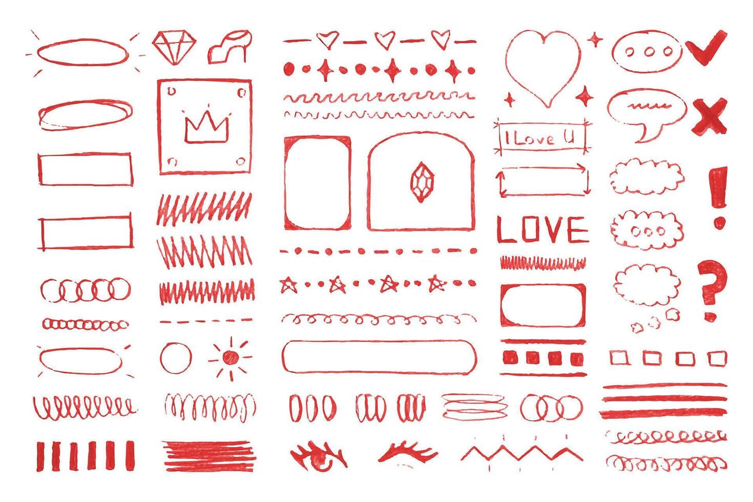 Red charcoal doodles and drawings, abstract signs and symbols, frames, curls and zigzags. Graphic design decorations. illustration. vector