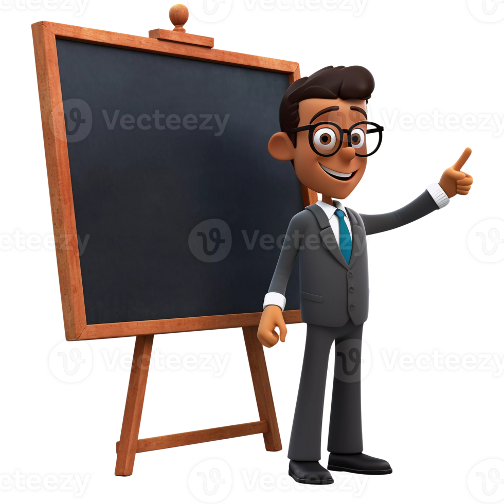 3D Cartoon-Style Illustration of a Teacher Standing in Front of School Blackboard. Cute character for back to school projects or educational media posts. png