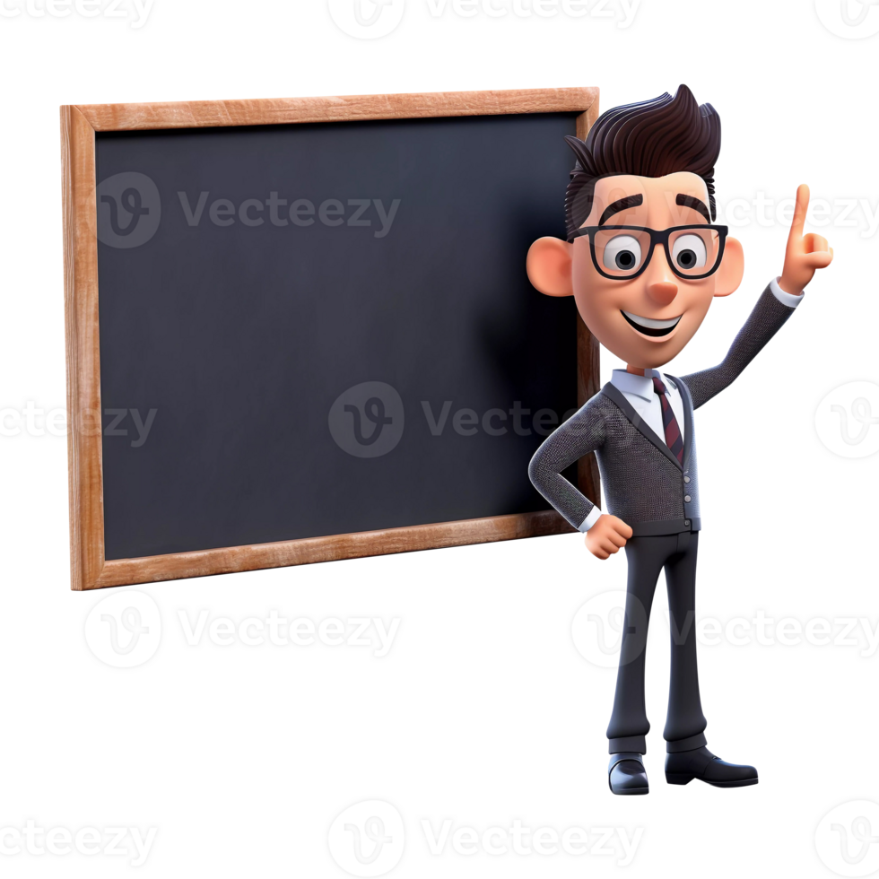 3D Cartoon-Style Illustration of a Teacher Standing in Front of School Blackboard. Cute character for back to school projects or educational media posts. png