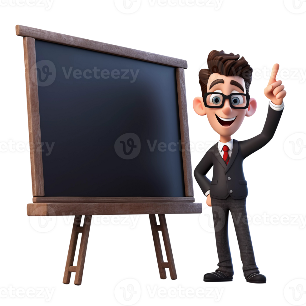3D Cartoon-Style Illustration of a Teacher Standing in Front of School Blackboard. Cute character for back to school projects or educational media posts. png