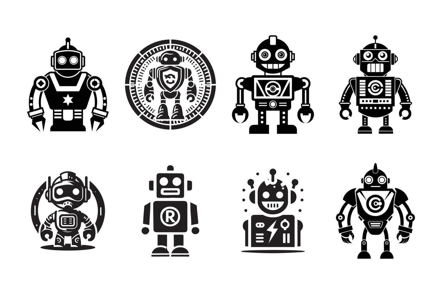 set of robots silhouette logo design black and white vector