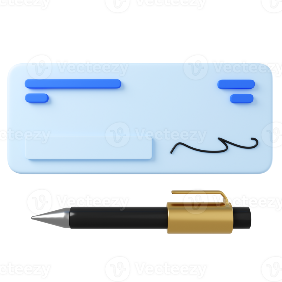 Cheque payment 3d illustration. cheque and pen isolated. png