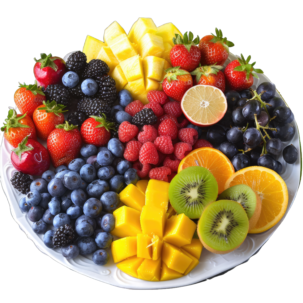 a plate of fruit on a table with a variety of different fruits png