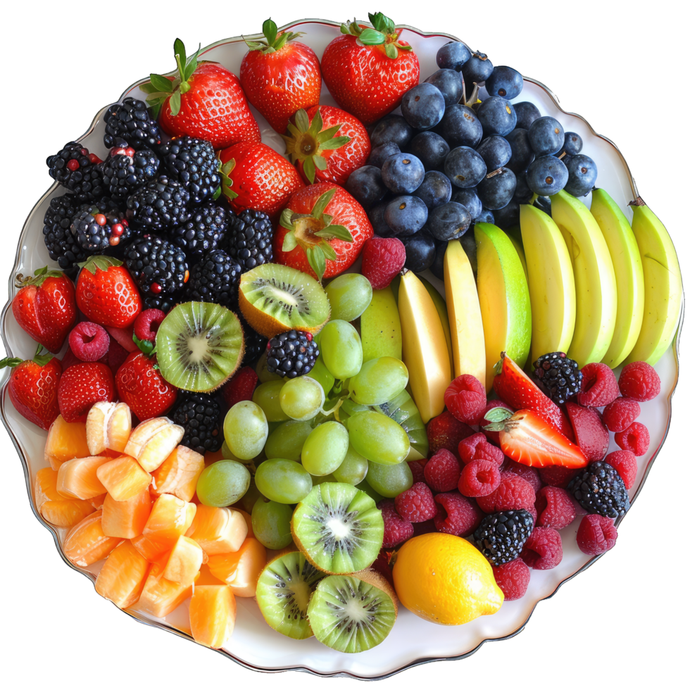 a plate of fruit on a table with a variety of different fruits png