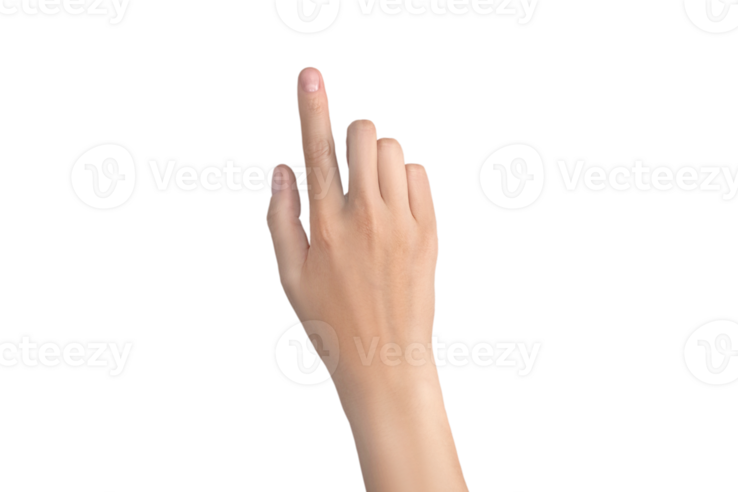Woman's hand with outstretched index finger. Indicates, pokes, smears, touches. Isolated on transparent background png